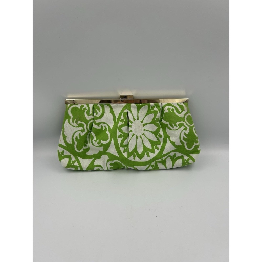 Vintage Lilly Pulitzer Clutch green & white floral print gold-tone metal frame